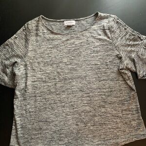 Liz Claiborne Black and White Striped Top with buttons, slits, ruffles on sleeve